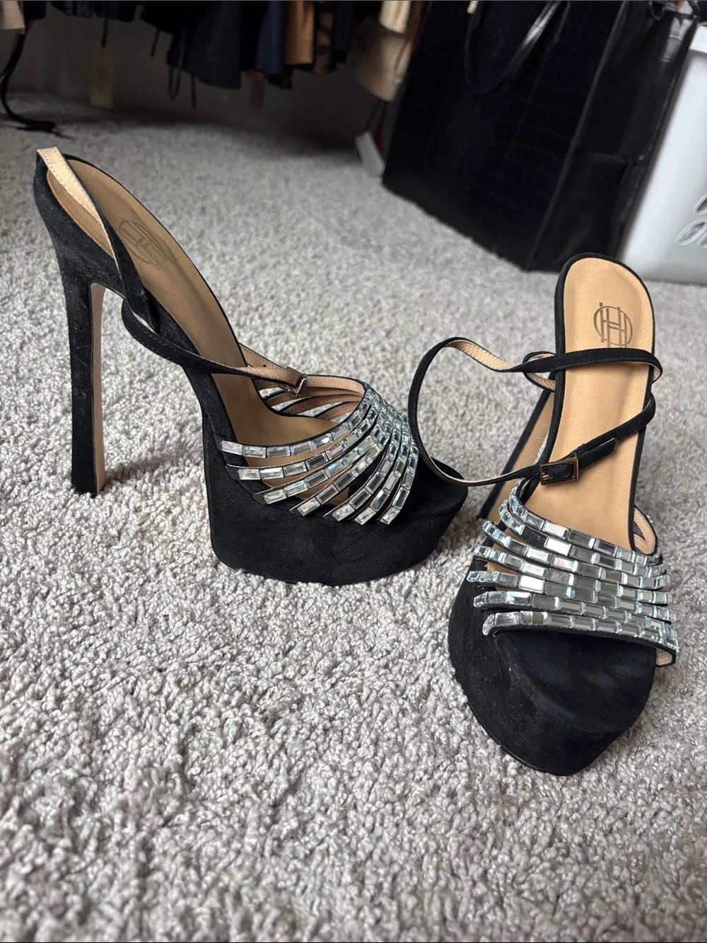 House of Harlow 1960 Black Platform Slingback Heels with Silver Accents
